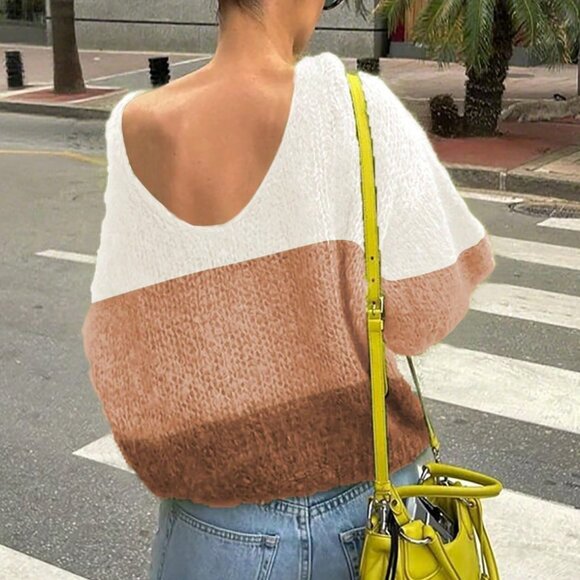 Multicolor Loose Fit Cropped Women's Color Block Backless Sweater - Picture 3 of 6